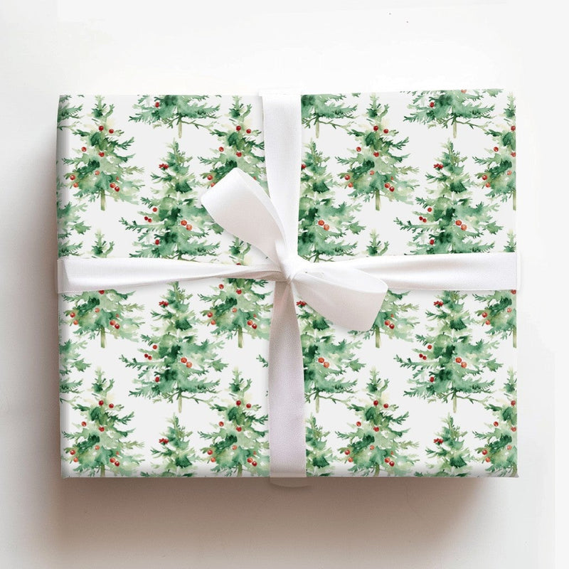 Evergreen Pine Tree Gift Wrap, Watercolor Christmas Tree Wrapping Paper, Minimalist Holiday Tree Paper Roll, Winter Xmas Wrapping Paper