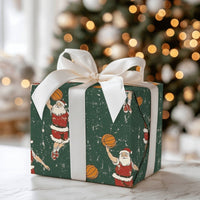 Dark Green Sports Christmas Gift Wrap, Retro Basketball Santa Wrapping Paper, Dribbling Santa Holiday Wrapping Paper, Xmas Wrapping Paper