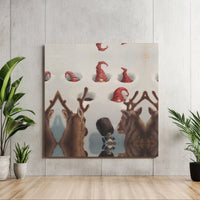 Whimsical Holiday Painting, Christmas Gnomes and Reindeer Square Canvas, Winter Stretched Canvas Print, Adorable Festive Wall Art Decor Present