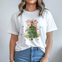 Watercolor Bow Holiday T-Shirt, Coquette Christmas Tree Shirt, Coquette Xmas Graphic Tee, Trendy Christmas Tee, Winter Holiday Present for Her