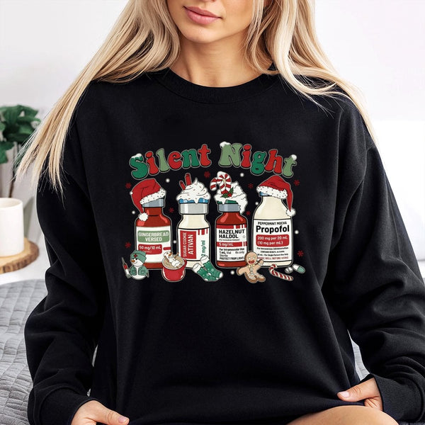 Medical Vials Tree Sweatshirt, Silent Night Nurse Christmas Sweatshirt, Humorous ICU Healthcare Holiday Sweater, RN Appreciat