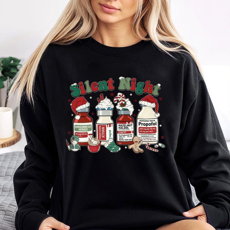 Medical Vials Tree Sweatshirt, Silent Night Nurse Christmas Sweatshirt, Humorous ICU Healthcare Holiday Sweater, RN Appreciation Crewneck
