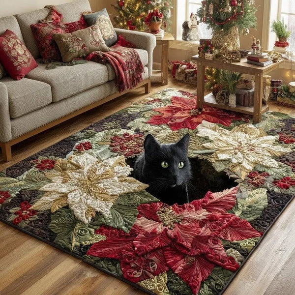 Optical Illusion Poinsettia Floor Rug, Christmas Black Cat Area Rug, Adorable Cat Lover Accent Rug, Festive Winter Holiday Ho