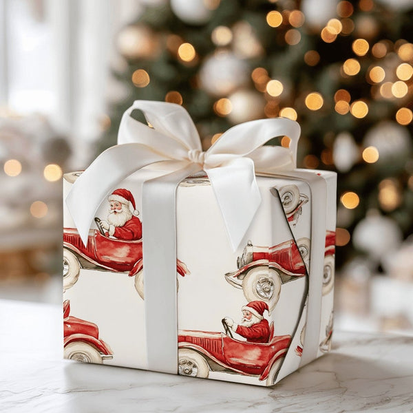 Vintage Christmas Gift Wrap, Santa Driving Red Car Wrapping Paper, Retro Watercolor Holiday Wrapping Paper, Festive Xmas Gift