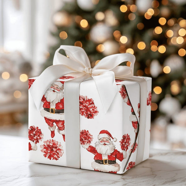 Red Pom Pom Christmas Gift Wrap, Cheerleader Santa Wrapping Paper, Fun Secret Santa Present Paper, Festive Holiday Gift Wrapp