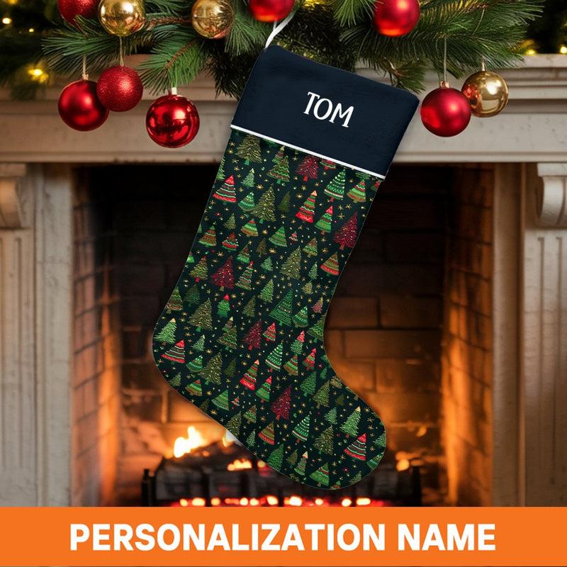 Custom Name Holiday Stocking, Personalized Christmas Tree Stocking, Festive Pattern Xmas Stocking, Comfy Winter Fireplace Mantle Home Decor