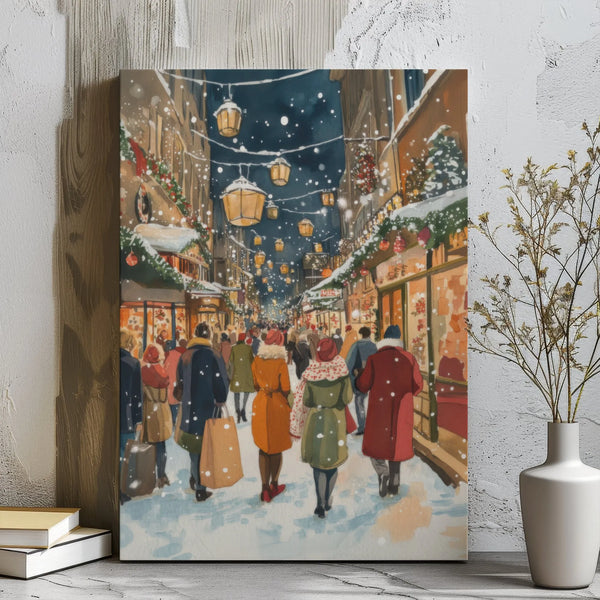 Snowy Night Winter City Wall Art, Christmas Shopping Street Canvas, Festive Holiday Townscape Print, Comfy Christmas Village 
