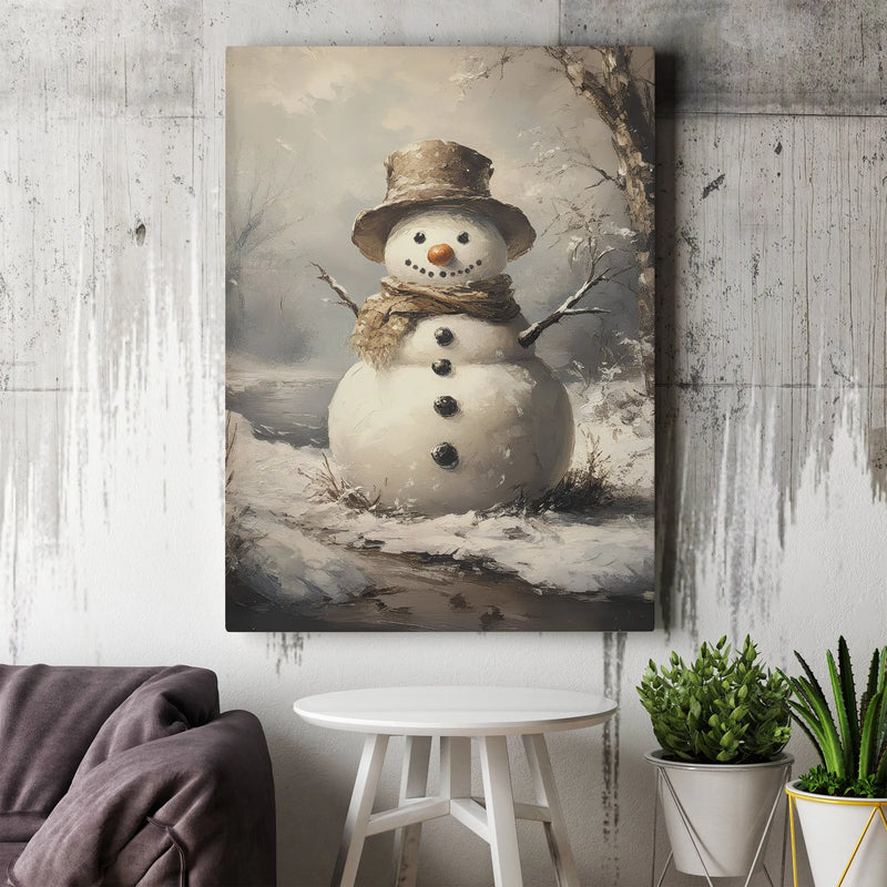 Rustic Winter Forest Holiday Print, Vintage Snowman Canvas Art, Farmhouse Christmas Snowman Wall Decor, Digital Download Holiday Art