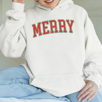 Retro Varsity Lettering Holiday Sweatshirt, Merry Christmas Hoodie, Vintage Merry Christmas Hooded Pullover, Festive Winter Xmas Present