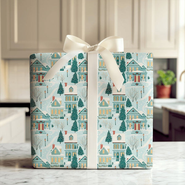 Winter Wonderland Gift Wrap, Snowy Christmas Village Wrapping Paper, Comfy Holiday House Wrapping Paper, Nostalgic Christmas 