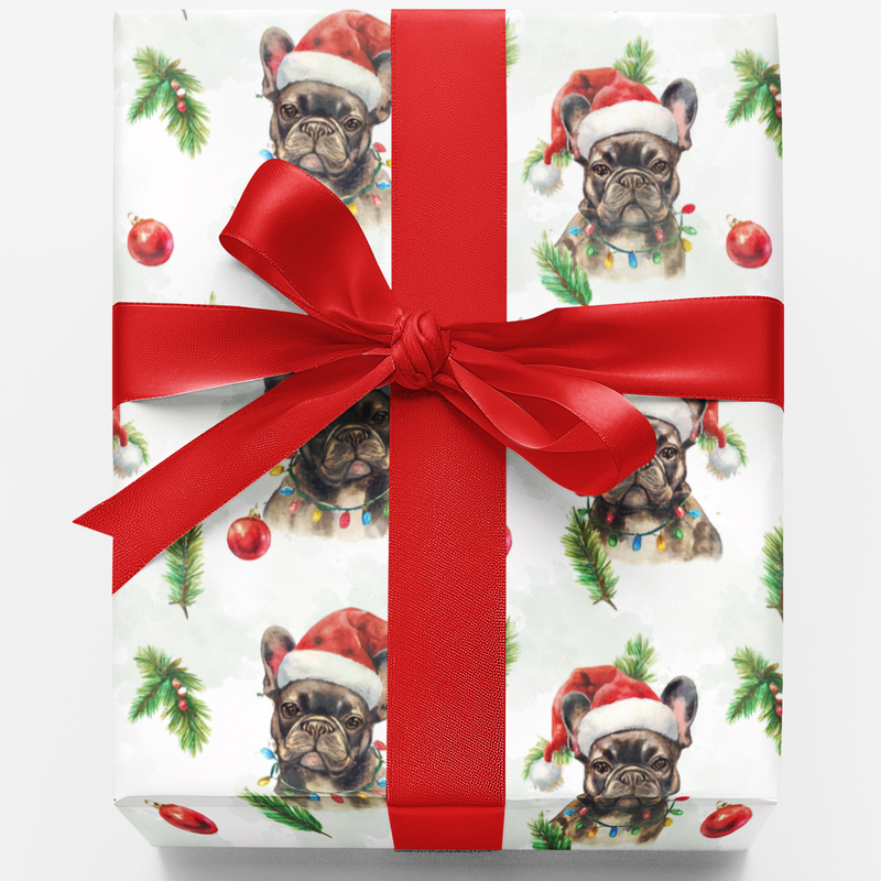 Santa Hat Dog Wrapping Paper, French Bulldog Christmas Wrapping Paper, Frenchie Holiday Gift Wrap, Dog Lover Wrapping Paper, Adorable Pet Wrap