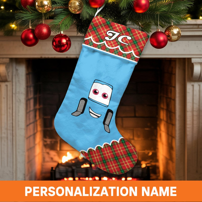 Personalized Plaid Christmas Stocking, Cartoon Car Christmas Stocking, Tartan Kids Holiday Stocking, Custom Name Christmas Stocking Present