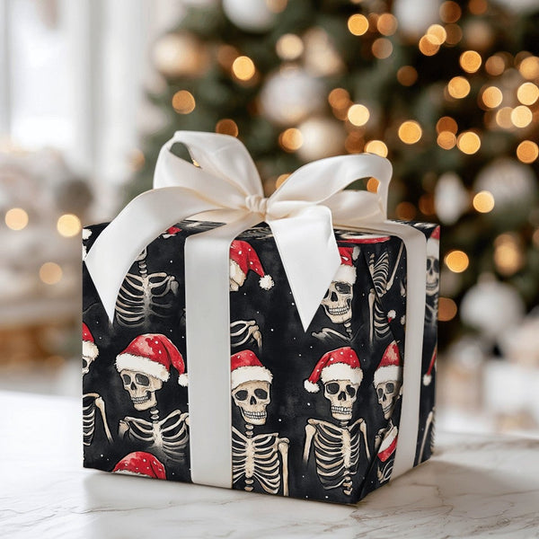 Santa Hat Gothic Gift Wrap, Spooky Skeleton Christmas Wrapping Paper, Creepy Holiday Season Wrapping Paper, Alternative Xmas 