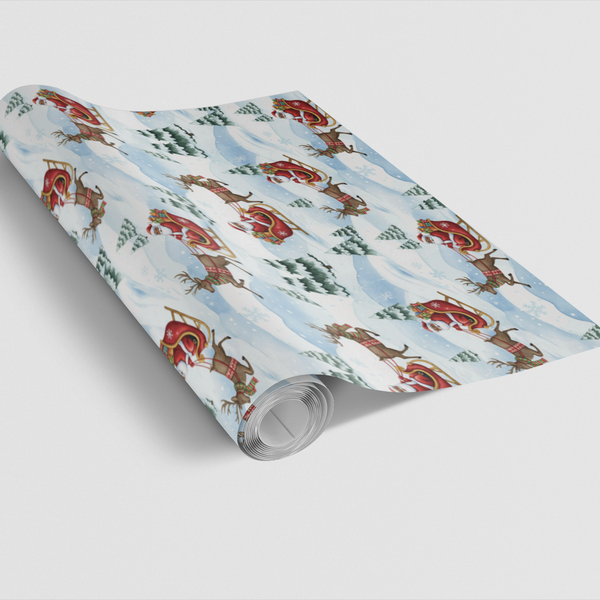 Snowy Wonderland Gift Wrap, Santa and Reindeer Wrapping Paper, Christmas Sleigh Present Paper, Winter Reindeer Wrapping Paper