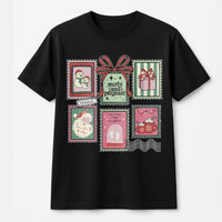Vintage Holiday Stamp Graphic Tee, Merry and Pregnant Christmas T-Shirt, Adorable Pregnancy Reveal Shirt, Expecting Mom Xmas Present Tee