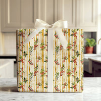 Gold Stripe Christmas Gift Wrap, Watercolor Holly Wrapping Paper, Vintage Berry Botanical Wrapping Paper, Holiday Present Wrapping Paper