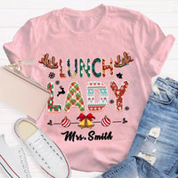 Custom Cafeteria Staff Holiday Shirt, Personalized Lunch Lady Christmas T-Shirt, Snowflake Bells Xmas Graphic Tee, School Worker Present