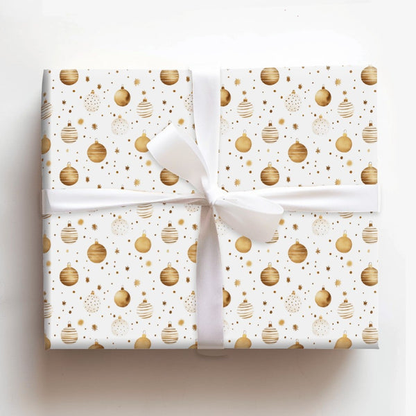 Watercolor Bauble Holiday Gift Wrap, Gold Christmas Ornament Wrapping Paper, Festive Xmas Present Wrap, Winter Holiday Gift W