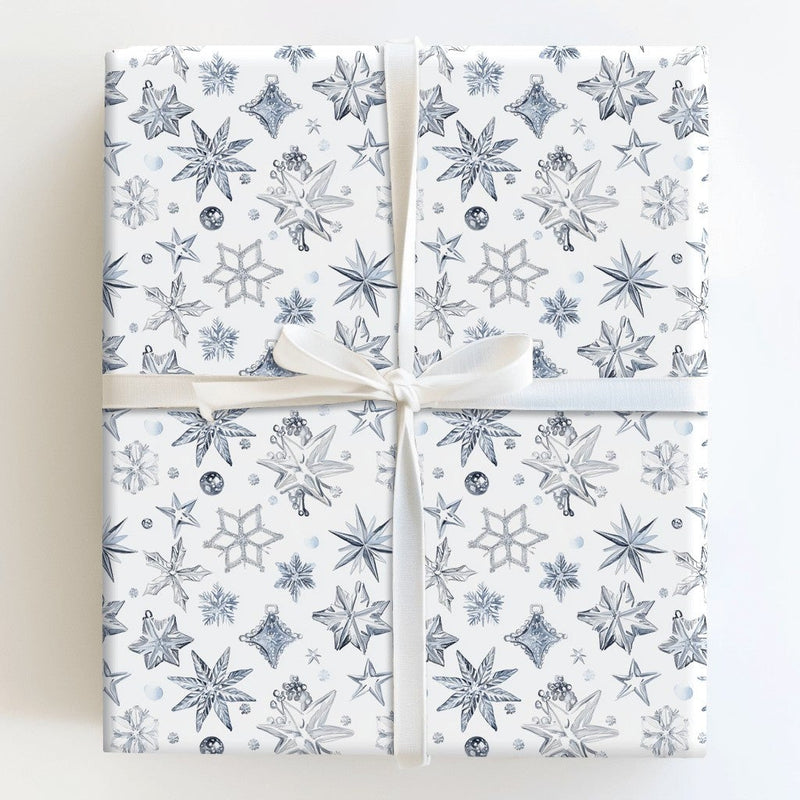 Winter Star Gift Wrap, Watercolor Snowflake Christmas Wrapping Paper, Blue Silver Holiday Wrapping Paper, Elegant Celestial Wrapping Paper