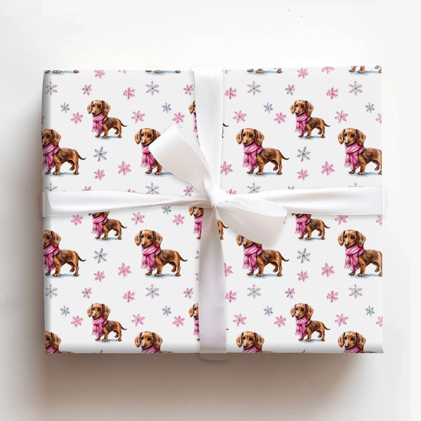 Pink Scarf Dog Holiday Gift Wrap, Dachshund Christmas Wrapping Paper, Watercolor Wiener Dog Wrapping Paper, Winter Pet Gift W