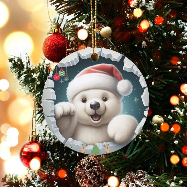 Santa Hat Ice Wall Tree Ornament, Adorable Polar Bear Christmas Ornament, Ceramic Arctic Animal Holiday Ornament, Winter Keep
