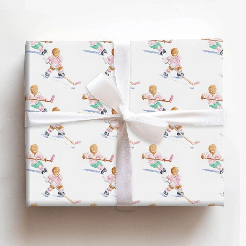 Winter Sports Christmas Gift Wrap, Hockey Gingerbread Men Wrapping Paper, Watercolor Ice Hockey Wrapping Paper, Sporty Holiday Gift Wrap