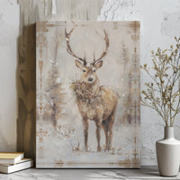 Winter Snowy Deer Forest Print, Christmas Stag Canvas Wall Art, Farmhouse Holiday Decor Poster, Rustic Printable Art Present