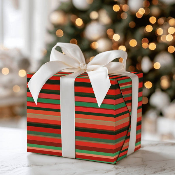 Red Green Black Holiday Gift Wrap Roll, Striped Christmas Wrapping Paper, Modern Festive Present Wrap, Seasonal Packaging Pap