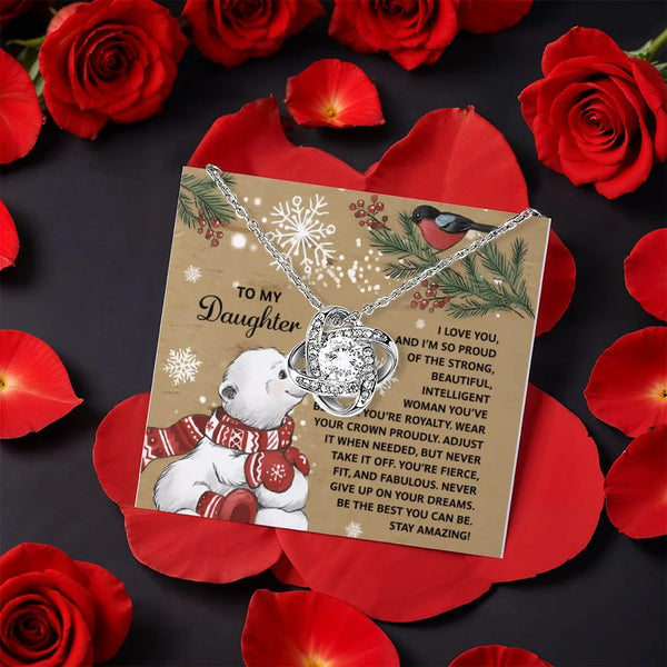 Polar Bear Message Card Jewelry, Love Knot Necklace for Daughter, CZ Crystal Knot Necklace, Gold Finish Daughter Present, Chr