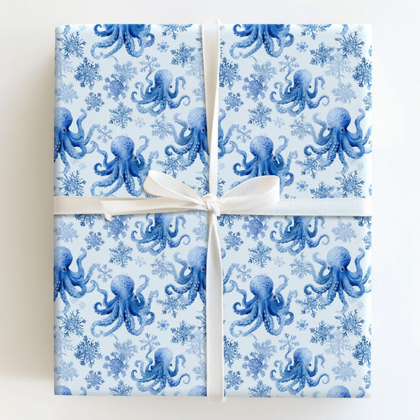 Coastal Christmas Wrapping Paper, Blue Octopus Wrapping Paper, Watercolor Snowflake Holiday Wrapping Paper, Ocean Lover Gift 