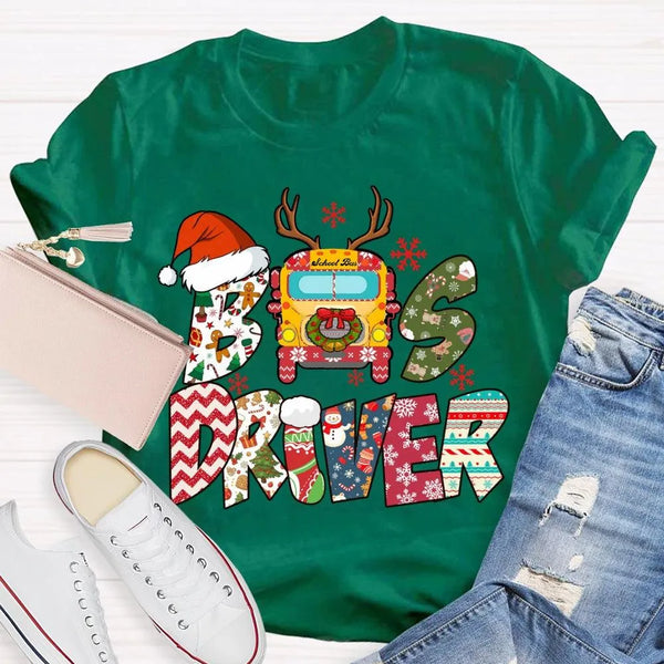 Santa Hat Snowflakes Bus Tee, Bus Driver Christmas T-Shirt, Humorous School Bus Driver Holiday Shirt, Winter Transportation P