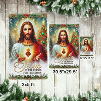 Sacred Heart of Jesus Flag, Jesus Is the Reason for the Season Christmas Garden Flag, Christian Holiday Yard Flag, Nativity Faith Decor