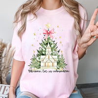 Watercolor Christmas Tree and Church Shirt, Oh Come Let Us Adore Him T-Shirt, Christian Holiday Graphic Tee, Faith Religious Present Shirt