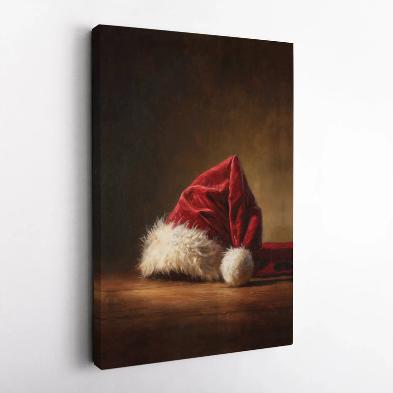 Rustic Christmas Canvas Print, Santa Hat Oil Painting Canvas Wall Art, Festive Holiday Santa Hat Canvas Decor, Winter Seasonal Home Wall Art