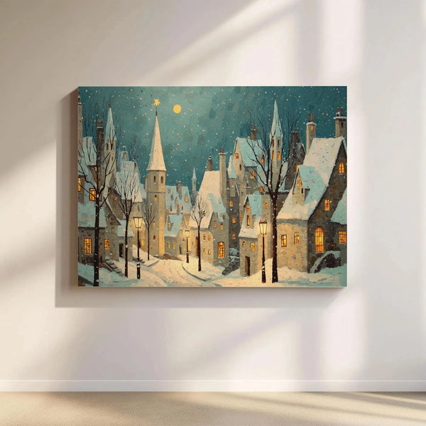 Winter Night Town Painting Print, Snowy Christmas Village Canvas Wall Art, Rustic Holiday Canvas Decor, Xmas Season Present