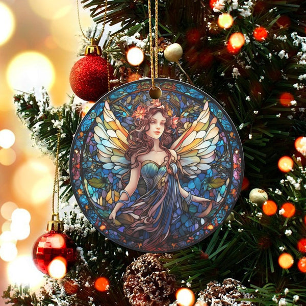 Fantasy Fairy Ceramic Ornament, Stained Glass Fairy Christmas Ornament, Stained Glass Fairy Decor, Magical Tree Ornament, Fai