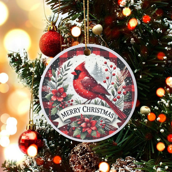 Bird Lover Ceramic Ornament, Red Cardinal Buffalo Plaid Christmas Ornament, Winter Wildlife Keepsake Ornament, Holiday Tree D