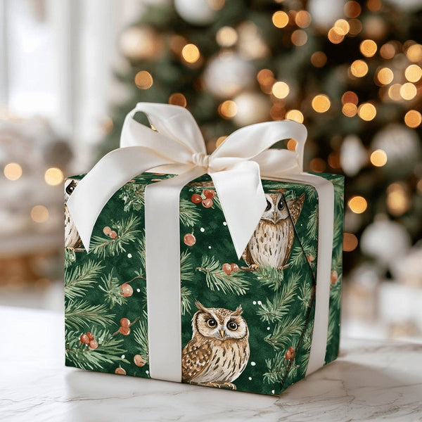Woodland Bird Gift Wrap, Winter Owl Christmas Wrapping Paper, Rustic Pine and Berry Holiday Paper, Forest Animal Present Wrap