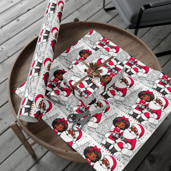 African American Santa and Girl Gift Wrap, Black Santa Wrapping Paper, Black Santa Coloring Page Paper Roll, Christmas Holida