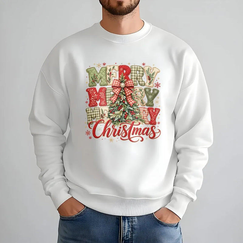 Plaid Christmas Tree Sweater, Merry Merry Merry Christmas Sweatshirt, Vintage Holiday Crewneck, Rustic Christmas Pullover, Womens Xmas Present