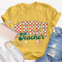 Holiday Educator Graphic Tee, Plaid Pencil Merry Teacher Christmas T-Shirt, Adorable Winter School Teacher Shirt, Christmas Teacher Present