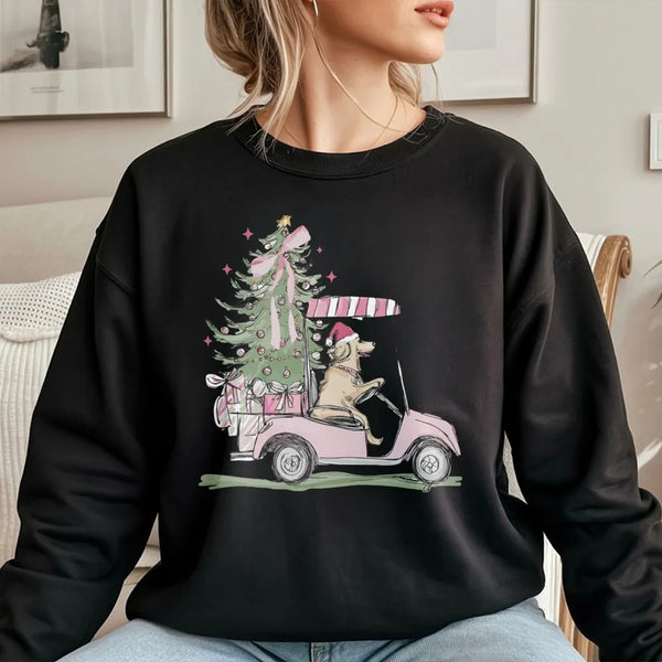 Holiday Dog Lover Sweatshirt, Golden Retriever Golf Cart Christmas Sweatshirt, Adorable Xmas Puppy Sweatshirt, Golfer Crewnec