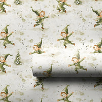Watercolor Christmas Elves Gift Wrap, Dancing Elves Wrapping Paper, Festive Pine Tree Holiday Paper Roll, Adorable Elf Xmas Wrapping Paper