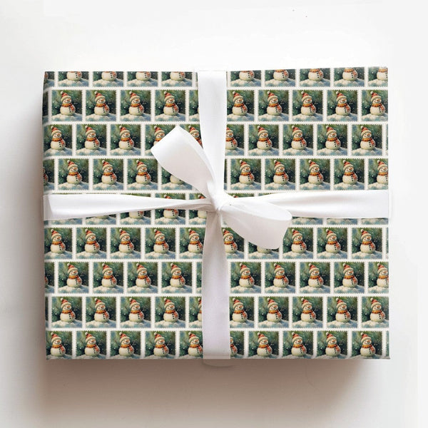 Retro Christmas Wrapping Paper, Vintage Snowman Postage Stamp Wrapping Paper, Nostalgic Holiday Gift Wrapping Paper, Winter X