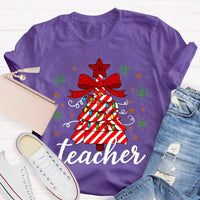 Bow Christmas Tree Colorful Lights Graphic Tee, Teacher Christmas T-Shirt, Festive Holiday Educator Shirt, Xmas Present
