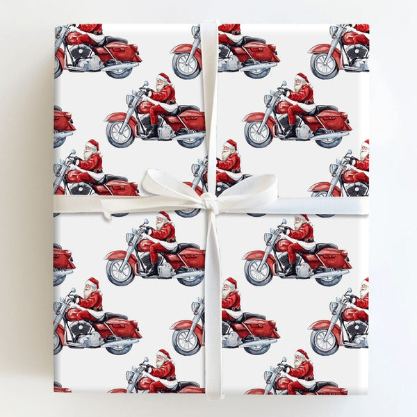Motorcycle Santa Gift Wrap, Watercolor Biker Santa Wrapping Paper, Red Cruiser Bike Holiday Wrapping Paper, Christmas Biker G