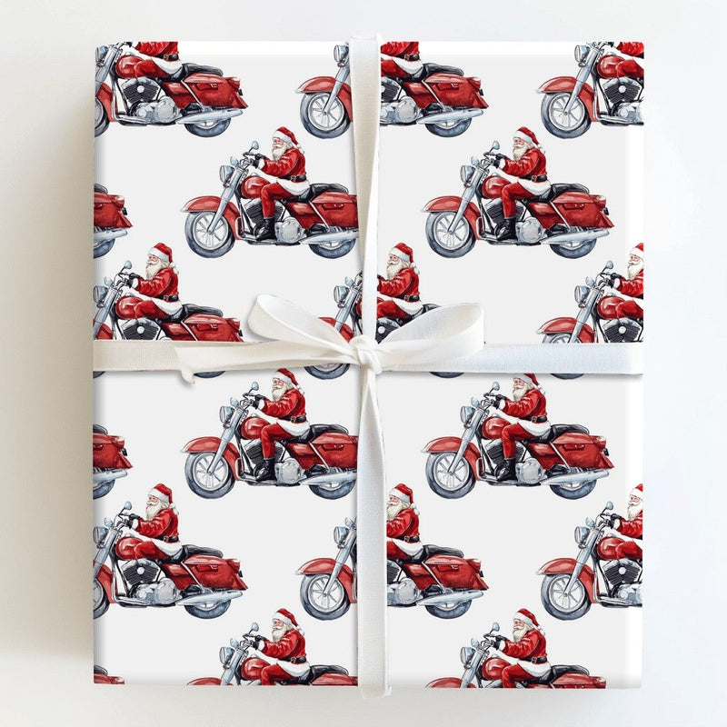 Motorcycle Santa Gift Wrap, Watercolor Biker Santa Wrapping Paper, Red Cruiser Bike Holiday Wrapping Paper, Christmas Biker Gift Wrap Roll