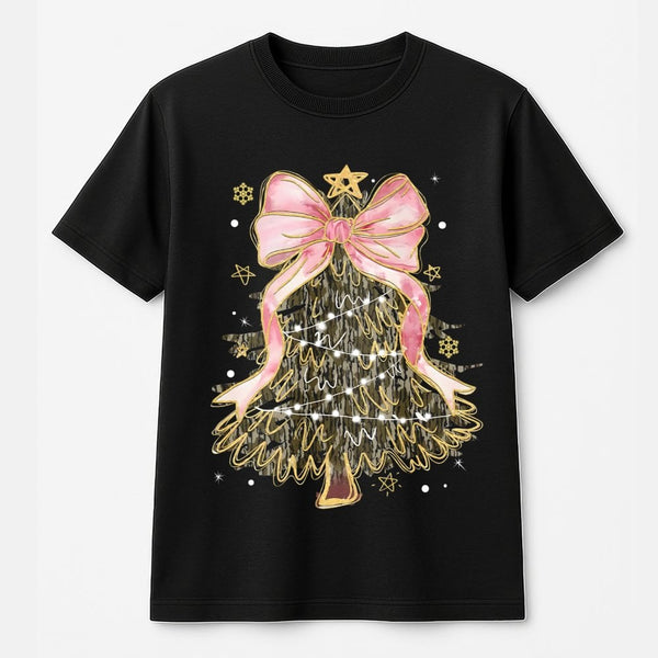 Pink Coquette Bow Holiday Tee, Camo Christmas Tree T-Shirt, Camouflage Christmas Shirt, Adorable Aesthetic Graphic Tee, Xmas 