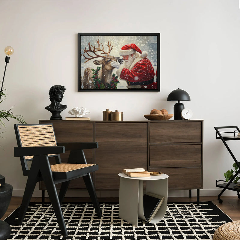 Christmas Holiday Scene Canvas, Santa and Reindeer Canvas Wall Art, Whimsical Xmas Canvas Print, Festive Winter Home Decor Present