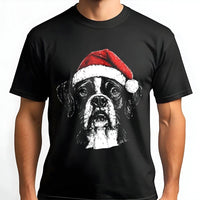 Festive Santa Hat Puppy Graphic Tee, Boxer Dog Christmas T-Shirt, Adorable Boxer Dog Lover Holiday Shirt, Pet Owner Christmas Apparel Top